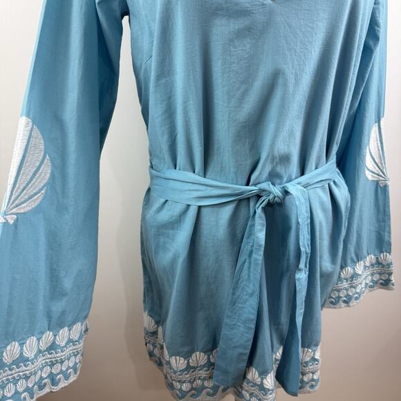 Show Me Your Mumu Malia Mini Dress Blue Capri Shells Small Embroidery Beach Boho - Picture 9 of 14